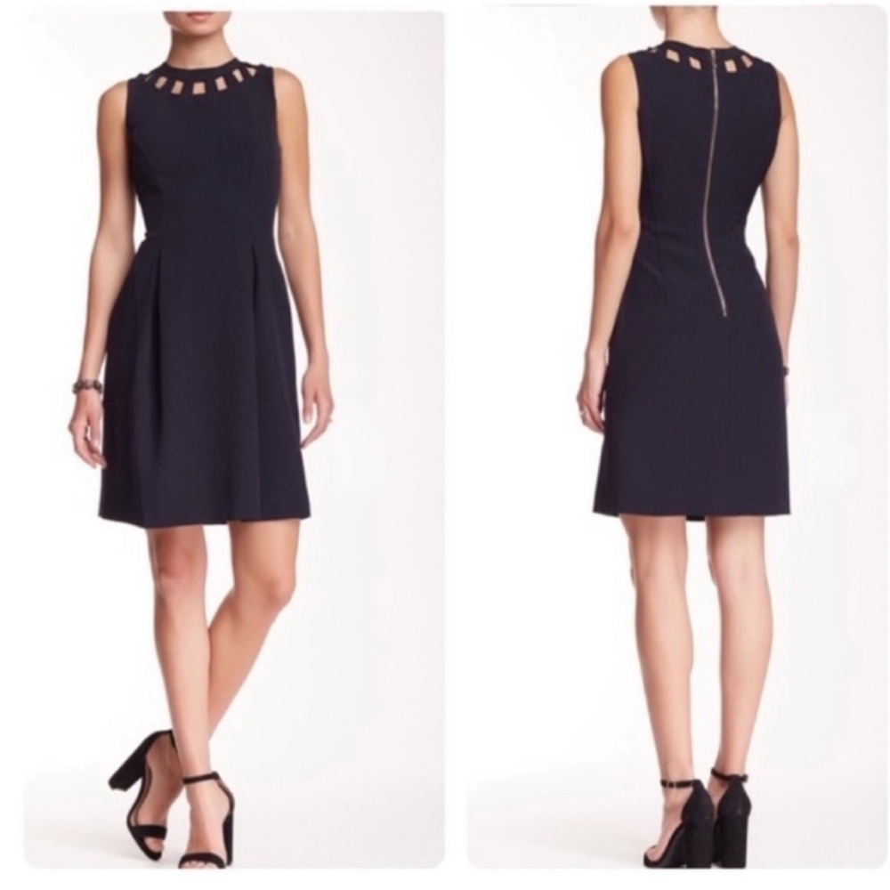 Eliza J navy sheath dress with cutout neck detail